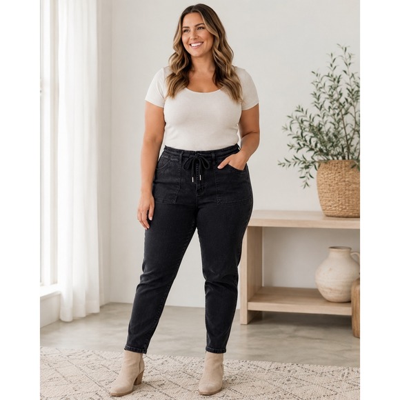 Judy Blue Pants - Judy Blue Jogger Jeans Women 11/30 Black Excellent High Rise Drawstring Denim